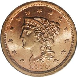 1855 1C Upright 5s MS65 Red PCGS. N-4, R.1. Die State 