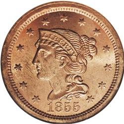 1855 1C Upright 5s MS65 Red NGC. N-4, R.1. Die State a 