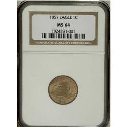 1857 1C MS64 NGC. This lustrous and unabraded straw-go 