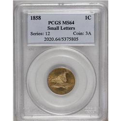 1858 1C Small Letters MS64 PCGS. Snow-9. Low Leave 