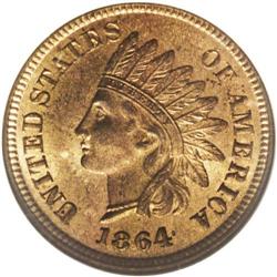 1864 1C L on Ribbon MS65 Red NGC. Snow-17. The 8 in th 