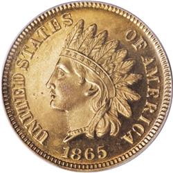 1865 1C PR64 Cameo PCGS. Reflective orange-gold surfac 