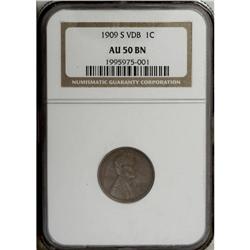 1909-S VDB 1C AU50 NGC. The lightly worn violet-brown 