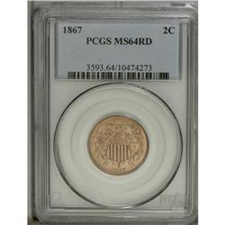 1867 2C MS64 Red PCGS. Lovely straw-gold color adorns 