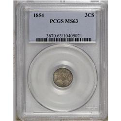 1854 3CS MS63 PCGS. Rich rose, plum, and gold toning c 