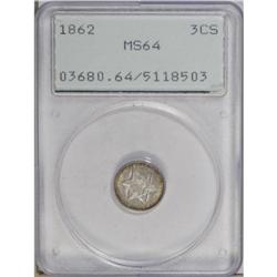 1862 3CS MS64 PCGS. Choice and highly lustrous with we 