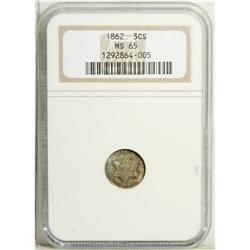 1862 3CS MS65 NGC. Gold, rose, and electric-blue tonin 