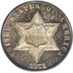 1871 3CS PR66 PCGS. Splendid autumn-brown and sea-gree 