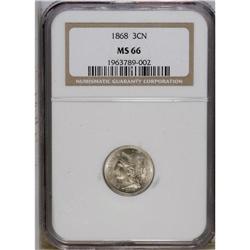 1868 3CN MS66 NGC. The design elements are sharply def 