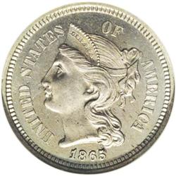 1865 3CN PR65 NGC. The 1865 three cent nickel has a sc 