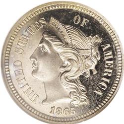 1865 3CN PR66 Cameo NGC. Repunched Date. B. 2-B. The b 