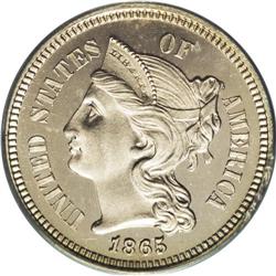 1865 3CN PR65 Deep Cameo PCGS. The 1865 proof three ce 