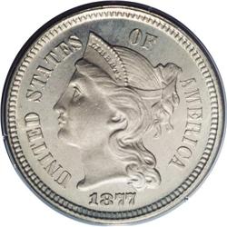 1877 3CN PR65 PCGS. This Gem represents the proof-only 