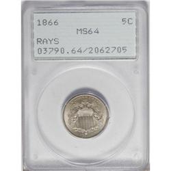1866 5C Rays MS64 PCGS. Light die cracks run along the 