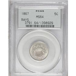 1867 5C Rays MS64 PCGS. Light chestnut toning graces t 