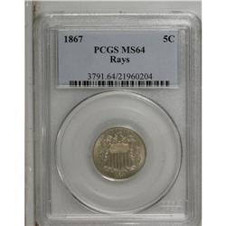 1867 5C Rays MS64 PCGS. A lustrous nickel-gray example 