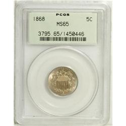 1868 5C MS65 PCGS. This Reconstruction Gem has satiny 