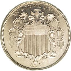 1866 5C Rays PR65 PCGS. Delicate golden-brown toning v 