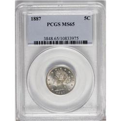 1887 5C MS65 PCGS. Pale pink and mint patina surrounds 