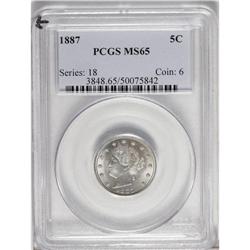 1887 5C MS65 PCGS. Blue-gray with a hint of peach and 