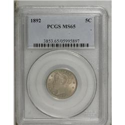 1892 5C MS65 PCGS. Satiny surfaces display warm golden 