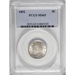 1892 5C MS65 PCGS. Highly lustrous beneath lovely rose 