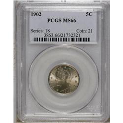 1902 5C MS66 PCGS. Well struck with shimmering, satiny 