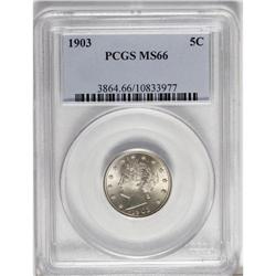 1903 5C MS66 PCGS. The surfaces are peach-gold with a 