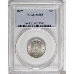 1907 5C MS65 PCGS. The peach-gold surfaces have pleasi 