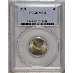 1908 5C MS65 PCGS. Satiny with pleasing rose and orang 