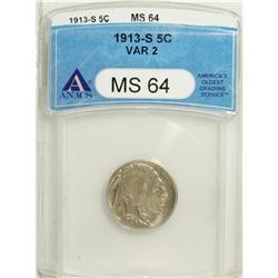 1913-S 5C Type Two MS64 ANACS. A blended ice-blue and 