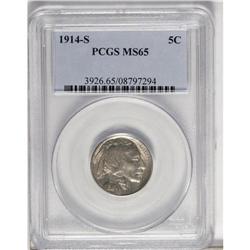 1914-S 5C MS65 PCGS. The reddish-gold fields are clean 