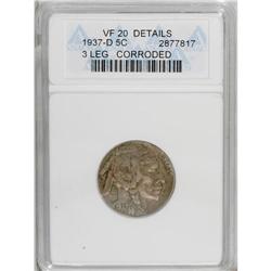 1937-D 5C Three-Legged--Corroded--ANACS. VF20 Details. 