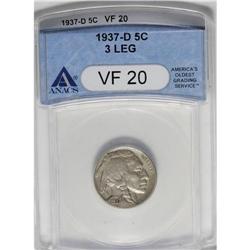 1937-D 5C Three-Legged VF20 ANACS. A moderately worn p 