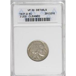 1937-D 5C Three-Legged--Cleaned--ANACS. VF30 Details. 