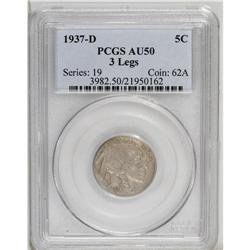 1937-D 5C Three-Legged AU50 PCGS. A lightly worn olive 
