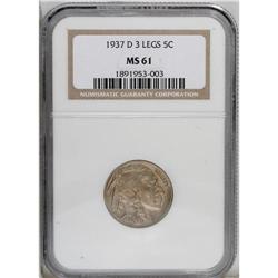 1937-D 5C Three-Legged MS61 NGC. FS-020.2. A satiny go 