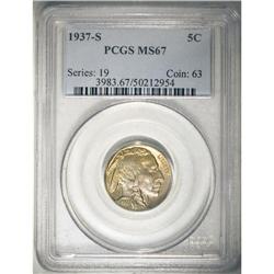 1937-S 5C MS67 PCGS. Gold, pink, steel-blue and rose-g 