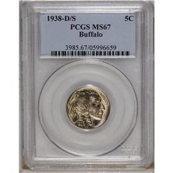 1938-D/S 5C MS67 PCGS. FS-020.5. OMM-1. A delightful S 
