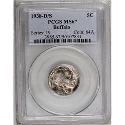 1938-D/S 5C MS67 PCGS. FS-020.5. OMM-1. Highly lustrou 