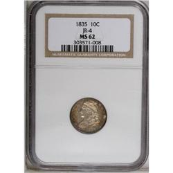 1835 10C MS62 NGC. JR-4, R.2. Lustrous with rich reddi 