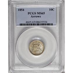 1854 10C Arrows MS65 PCGS. Delicate golden-orange pati 