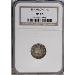 1855 10C Arrows MS62 NGC. Orange and violet patina cov 