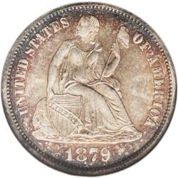 1879 10C MS67 NGC. Light to medium golden-brown toning 