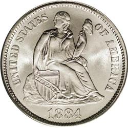 1884 10C MS67 PCGS. Hints of gold toning grace this lu 