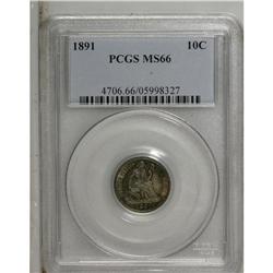 1891 10C MS66 PCGS. Highly lustrous with blue-violet c 