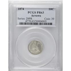 1874 10C Arrows PR63 PCGS. Bright proof surfaces displ 