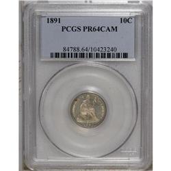 1891 10C PR64 Cameo PCGS. Moderately reflective beneat 