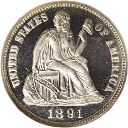 1891 10C PR67 Cameo NGC. Six hundred proof dimes were 