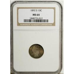 1892-S 10C MS64 NGC. Light tan-gray surfaces reveal so 